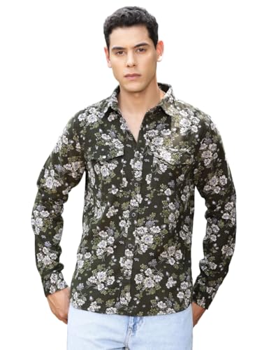 Image of Thomas Scott Men Slim Fit Pure Cotton Corduroy Floral Printed Semi-Formal Shirt