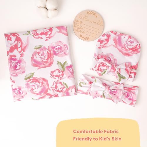 Image of DRESHOW BQUBO Baby Girl Newborn Floral Receiving Blankets with Bow Hat Headband Wooden Birth Announcement Card Set Newborn Baby Swaddling Hats Swaddle Blanket Toddler Warm Shower Gift