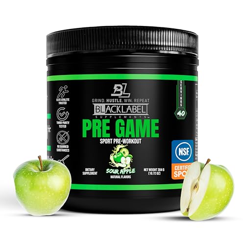 Image of Blacklabel Supplements PRE-Game Pre Workout Powder, Sour Apple (40 Servings) - NSF Certified for Sport - Customizable 150mg Caffeine for Energy and Focus - Low-Stimulant Pre Workout for Men and Women