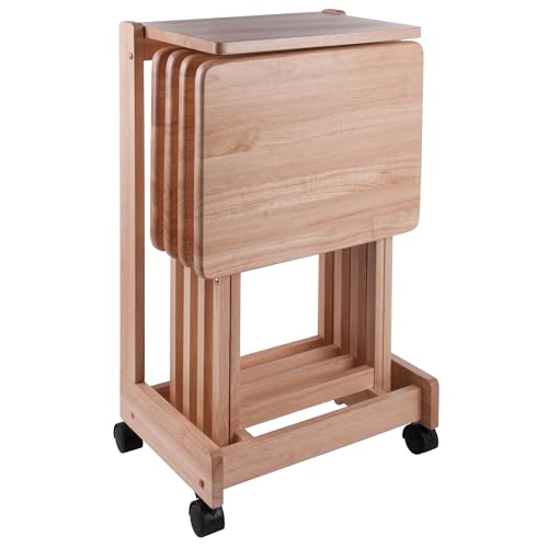 Winsome Brienda Snack Table Set with Mobile Serving Cart, for Living Room, Patio, 32', Natural, Set of 4 Tables