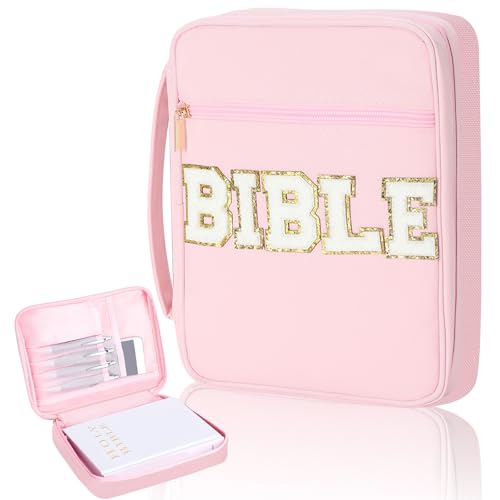Huhumy Chenille Letter Bible Case for Women Girl, Large Bible Cover Carrying Bag with Handles Zippered for Women Ideal Christmas Religious Gift(Pink) by Huhumy - Used condition - US$10.53