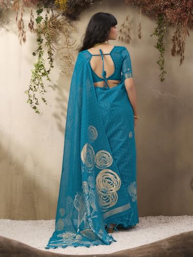 Image of AKHILAM Women's Kanjivaram Pure Silk Floral Printed Saree With Unstitched Blouse Piece