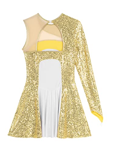 Foto von JEATHA Damen Glitter Eiskunstlauf Kleider Tanzkleid Mesh Langarm Bodysuit Balletttrikot Turnanzug Gymnastik Skater Kleider Tanzkostüm Gold S