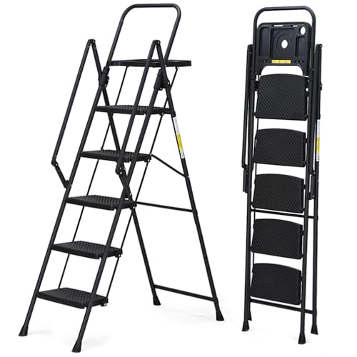 Image of 5 Step Ladder with Handrails Folding Step Stool with Tool Tray & Anti-Slip Wide Pedal for Home Kitchen Pantry Office, Lightweight Sturdy Steel Ladder with Platform for Adults