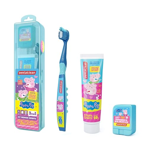 Dentalclean Kit Infantil Peppa Pig: Gel Dental 50g Com Flúor + Escova Extra Macia + Fio Dental 20m com Estojo, Azul