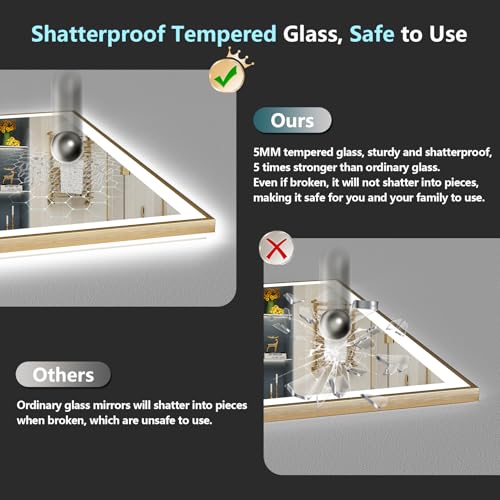 Image of 72x36 Gold LED Bathroom Mirror with Lights, Backlit & Front Lit | Brushed Gold Framed, Anti-Fog Lighted Vanity Mirror, Dimmable, 3-Color Temp, Memory, CRI95, HD Tempered Glass, UL Listed