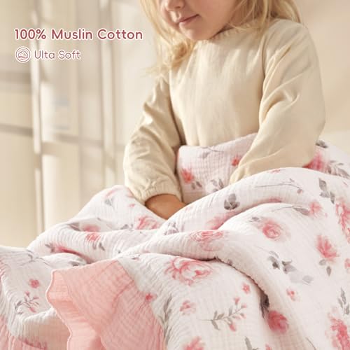 Image of david's kids Flounce Muslin Baby Blanket for Girls Boys, 100% Cotton Soft Crib Swaddle Blankets, Reversible & Breathable Nursery Bedding for Newborns Toddlers, 47 x 47 Inches (Floral)