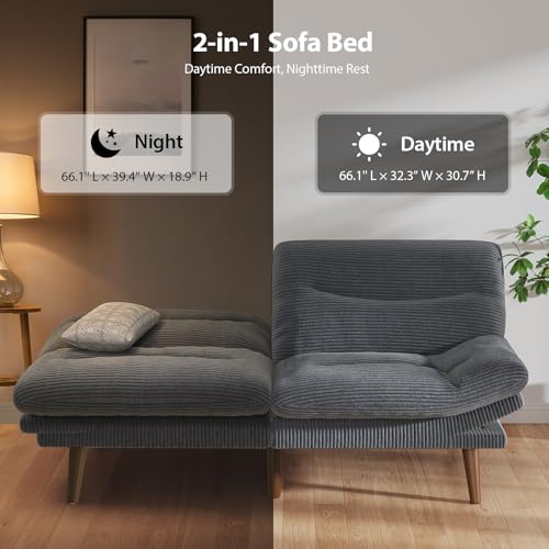 Image of Pipishell 66 inch Futon Sofa Bed, Convertible Corduroy Space-Saver Couch with Adjustable Back & Armrests, Recliner Sleeper for Small Apartments, Office, Guest Room (Grey)
