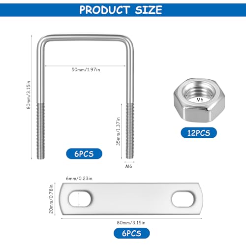 6 Stk Bügelschraube M6 50 x 80mm, U Bügel mit Gewinde, U-Schrauben Bügelschelle Edelstahl U Schrauben, U Bolzen Bügelbolzen mit Muttern & Rahmenplatte für Rohr Befestigung Auto Abschleppen Reparatur