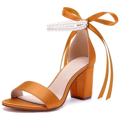 Image of Women's Open Toe Pearl Wedding Shoes for Bride High Heels Sandals Satin Bridal Block Chunky Heels Ankle Strap Prom Evening Party Pumps