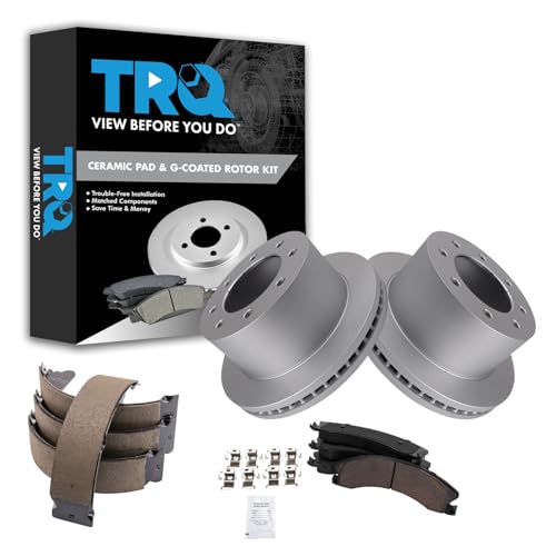 Image of TRQ Rear Brake Pad & Rotor Kit Parking Brake Shoe Set Ceramic Premium G-Coated Compatible with 2013-2017 Chevrolet Silverado 3500 HD GMC Sierra 3500 HD
