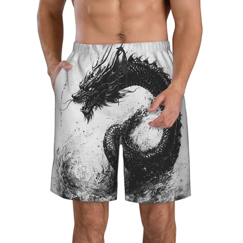 Mens Swim Trunks Board Shorts Quick Dry Shorts with Pockets - Asian Dragon Vintage