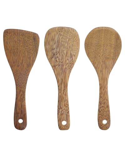 EORTA Set of 3 Wooden Rice Paddles, 8 Inch Rice Spoon Spatula & Scooper for Nonstick Cookware, Small Wooden Utensils for Kitchen Cooking, Slanted/Flat/Curved Food Spatula, 8.26 * 2.75inch