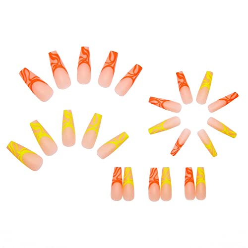 Misud Extra Long Coffin Press On Nails, 24Pcs Matte Ballerina Fake Acrylic Nails, Yellow And Orange Abstract Swirl False Nails With Design Full Cover Artificial Nails For Women & Girls #TOP2