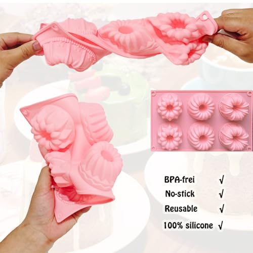 image for Annewbin 3pcs Mini Bundt Cake Pan,6-Cavity Fluted Tube Cake Pan,Silico