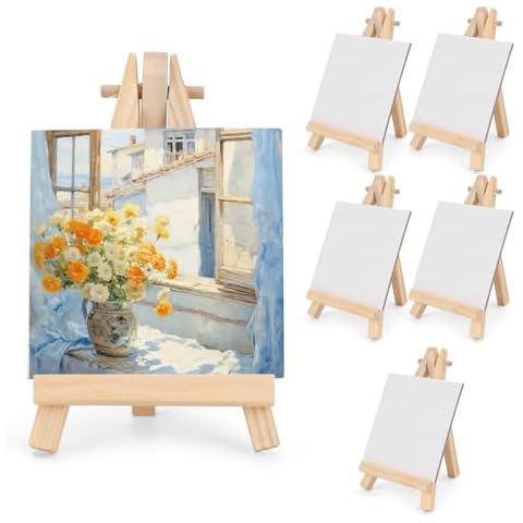 DODHEG 5 Inch Mini Canvas 3 Inch Mini Easel, 6 Pcs Small Painting Canvas with 6 Pcs Mini Easel, for Painting, Crafts, Photos etc Cover