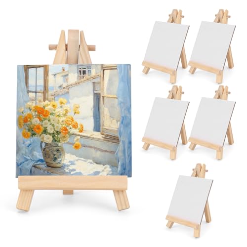 3 Inch Mini Canvas 5 Inch Mini Easel 6 Pcs Small Painting Canvas with 6 Pcs Mini Easel for Painting Crafts Photos etc