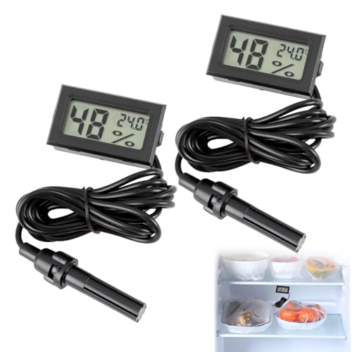 2 Pack Digital Thermometer Hygrometer, Mini Embedded Thermometer Hygrometer with Probe Meter Temperature Humidity Gauge for Reptiles Aquarium Terrarium Incubator Tortoise Office Living Room Black