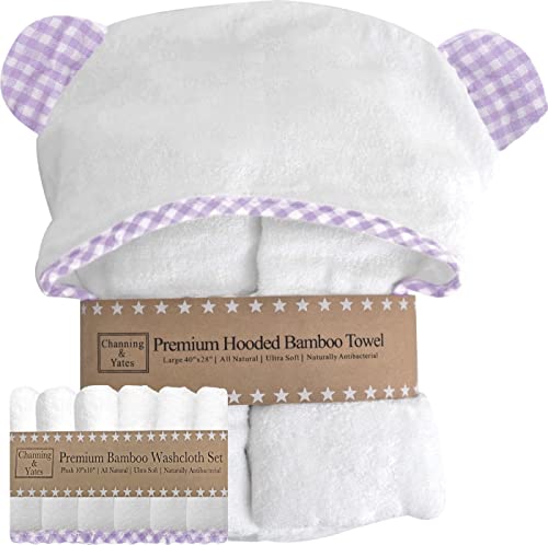 Image of Channing & Yates Premium Hooded Baby Towel + (6 Piece) Washcloth Gift Bundle - Organic Viscose Made from Bamboo Baby Towels - (Purple Gingham Bundle)