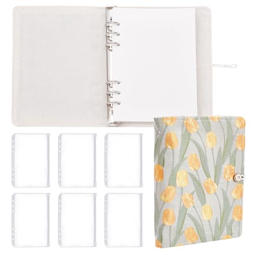 WEBEEDY A5 Binder 6 Ring, Flower Embroidered Refillable Notebook Set with 6\"x8\" Floral Cover, 90 Papers, 6 Zipper Pockets for Women Planner Binder Painting Sketching Writing Elegant Back to School Gift (Tulip)