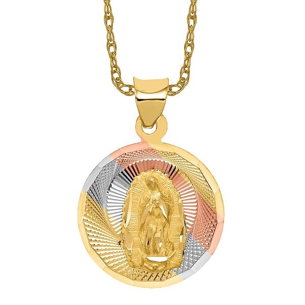 IceCarats 14K Solid Yellow Gold Our Lady of Guadalupe Virgin Mary Circle Round Necklace Virgencita Maria Rosa Pendant Catholic Christian Holy Mother Medallion Charm2
