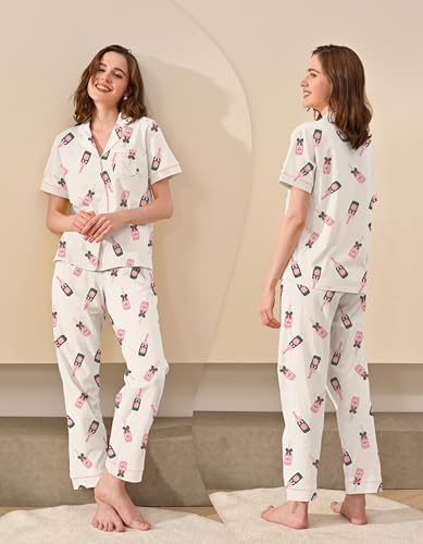 Image of NAP BOUND 100% Cotton Women's Pajama Sets Short Sleeve Button Down Soft Pjs 2 Piece Lounge Set with Pocket Nightwear XS-XXL