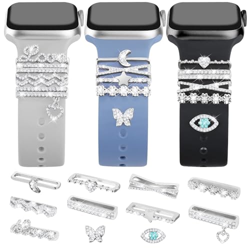 JR.DM 11-Pcs Super Bling Watch Charms with 9-Pcs Decorative Rings Loops 2-Pc Decoration Compatible with Apple Watch Band Metal Diamond Sliding Accessories for iWatch Series 11 10 9 8 7 6 5 4 3 2 1