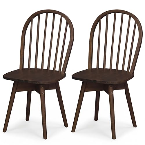 Image of COSTWAY Swivel Windsor Dining Chairs Set of 2 with Spindle Back, Walnut | Solid Rubber Wood, Armless Kitchen Chair with Tilt Back, Mid-Century Modern Side Chairs for Dining Room, Kitchen, Restaurant