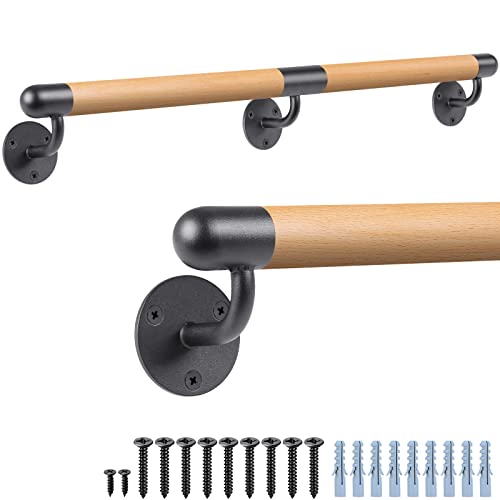Dolibest 150cm Main Courante en Bois, Rampe d'escalier Bois en Hêtre Ronde 3.8cm Poignée de Sécurité Barre d'escalier avec Support Intérieur Murale Balustrade pour...