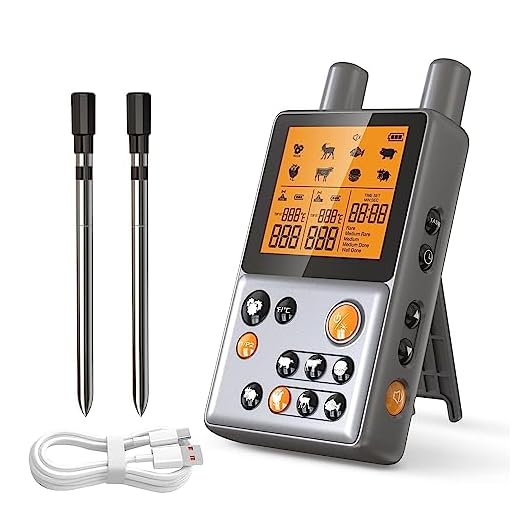 Yumfun Wireless Meat Thermometer, Grill Thermometer with 2 Meat Probes, 195FT Digital Meat Thermometer Wireless with Pre-Programmed and Smart Alert for BBQ Oven Grill Smoker Rotisserie Sous Vide