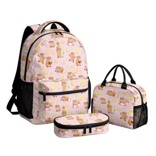 Sac à dos d'école Capybara rose avec sac à déjeuner et trousse pour fille