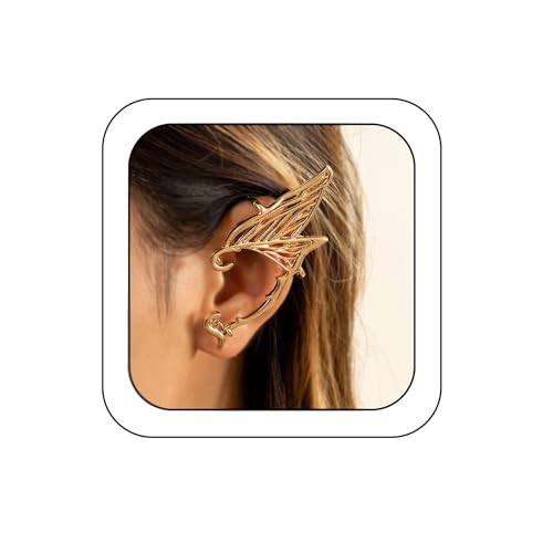 Kenfery Vintage Elves Ear Cuff Retro Pierced Ear Wrap Cartilage Stud Earring Gothic Women's Filigree Elf Cosplay Ear Butterfly Jewelry for Women