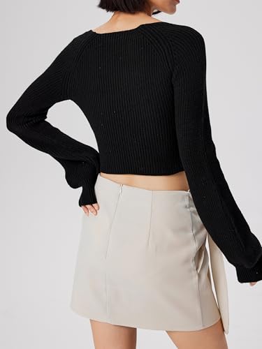 Image of CIDER Women's Crop Top Sweater Square V Neck Lantern Sleeve Cute Rib Knit Pullover