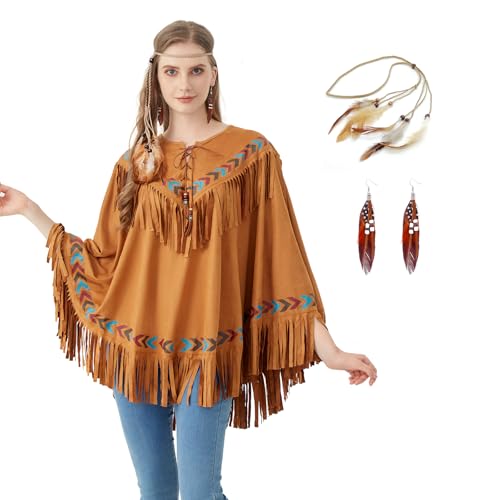 aicoaub Poncho Indianerin Braun Indianer Poncho Oberteil Damen Kostüm für Cowboy Häuptling Squaw Karneval Fastnacht Halloween Cosplay Umhang in...