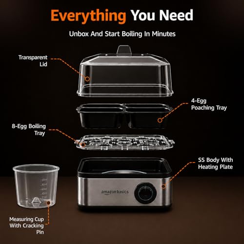 Image of Amazon Basics 3-in-1 Electric Egg Boiler and Poacher | Boils 8 Eggs, Poaches 4 Eggs, Steam Vegetables | Auto Cut Off | 3 Boiling Modes | 500W | Stainless Steel Body - Silver