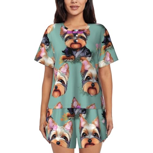Pyjama pour femme Yorkie contre la chaleur nocturne ensemble short doux deux pièces