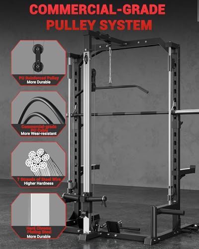 Smith Machine Home Gym with Barbell Bar, Cable System, Lat Pulldown Attachments, Safety Spotter Arms, J Hooks, Landmine, Multi-Functional Squat Rack for Full Body Strength Training