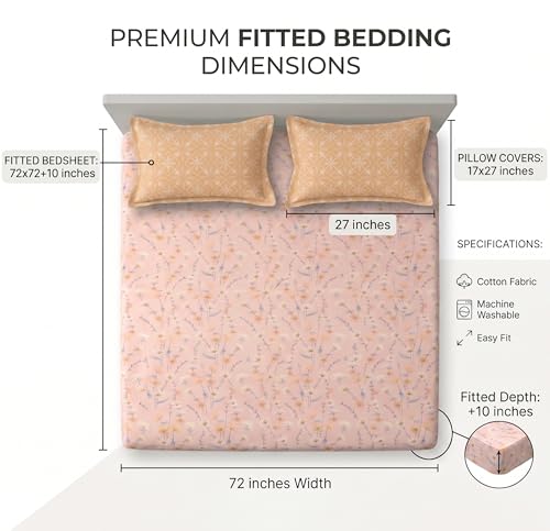 Image of HOMEKART Cotton Contrast Fitted Bedsheet for King Size Bed 72x72+10 Inch with 2 Pillow Covers 17x27 Inch | All Round Elastic | TC 144 Soft, Breathable Floral Printed Bedsheet (Peach Blossom Harmony)