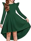 Arshiner Grünes Kleid Mädchen Rundhals Langarmkleid Herbst Festkleid Winter Weihnachtenkleid Rüschenkleid A-Linie Partykleid Schulanfangkleid 130/7-8 Jahre