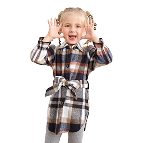 Toddler Girls Casual Plaid Shacket Wool Blend Button Down Long Sleeve Shirt Fall Dresses Shackets (Orange, 6-7 Years)3