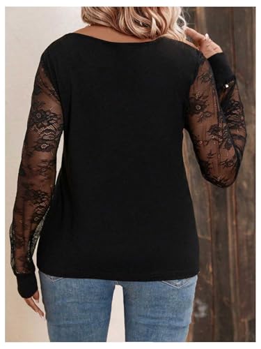 SweatyRocks Women's Plus Size Lace Tops Mesh Long Sleeve V Neck Fitted Tees Shirts2
