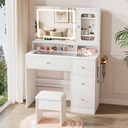 Image of LIVELYGLOW 35.4 inch White Makeup Vanity Desk with Glass Top & Acrylic Cabinet