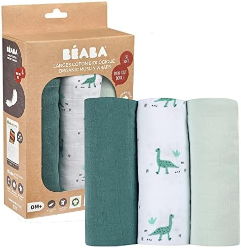 BÉABA, Lot de 3 Langes Bébé, Mousseline de Coton Biologique, Mult...