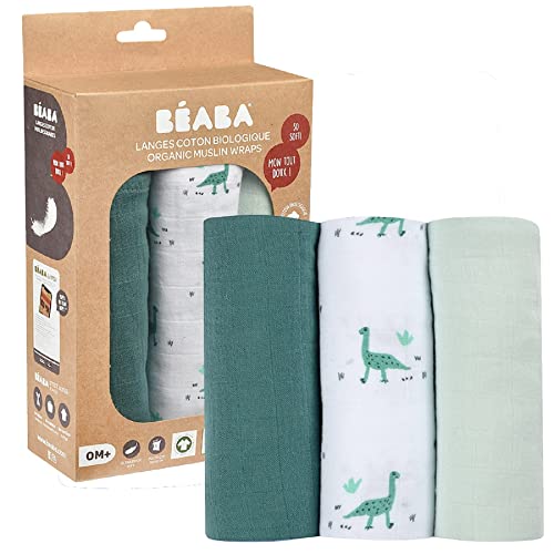 BÉABA, Lot de 3 Langes Bébé, Mousseline de Coton Biologique, Mult...