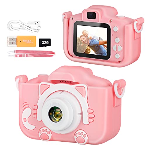 Vasttron Camera Toys For Kids 3 4 5 6 7 8 9 10 11 12 Years - Girls Boys Gift Digital Selfie Cameras Toddler Pink/Blue Cute Cat Camcorder Video Game Tools Children Electronics Toy With 32Gb Sd Card #TOP4