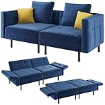 Yaheetech Velvet Sofa Convertible Sofa Bed 2 Seater Futon Couch Sleeper with 4 Pillows, Adjustable Armrests & Backrest for Living Room, Apartment, Home Office, Blue