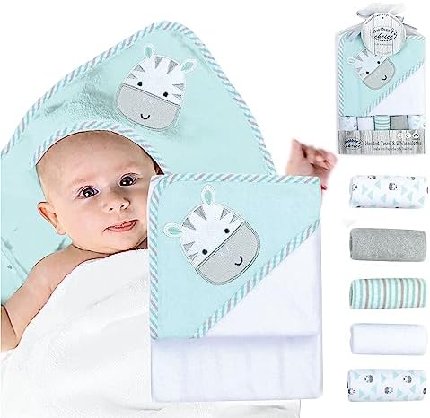 Mother's Choice Hooded Baby Towel with 5 Face Cloths for Newborn | Lightweight Cotton Rich Absorbent Large Baby Bath Towel for Newborn Boys and Girls | 75x75cm, Cow