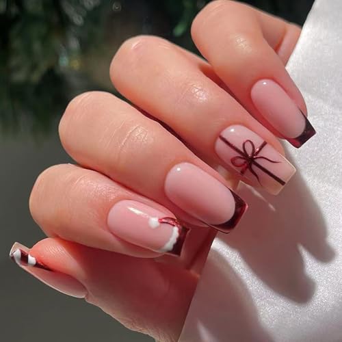 シャインレッドフレンチグリッター付け爪 24 個ショートスクエアプレス爪に最適や特別なイベントショートグリッタープレスオンネイル