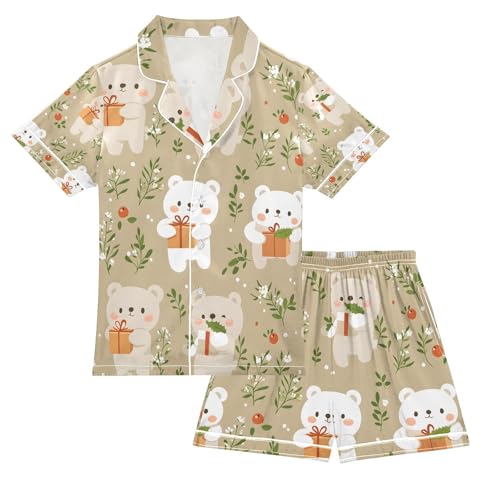 senya Bear Present with Flower Satin Summer Pajama Sets Silk Short Sleeve Button Down Sleepwear