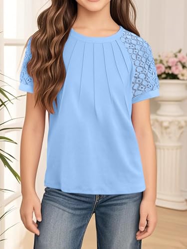 Girls Short Sleeve T Shirts Summer Tops Kids Lace Pleated Tees 5-14 Years3